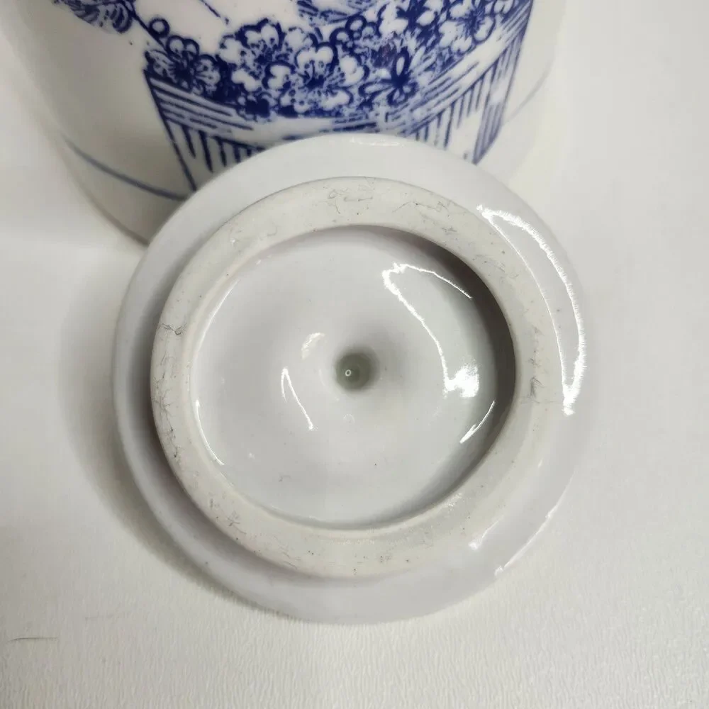 Vintage Ceramic Crock Canister Blue Flower Box Double Handles With Lid